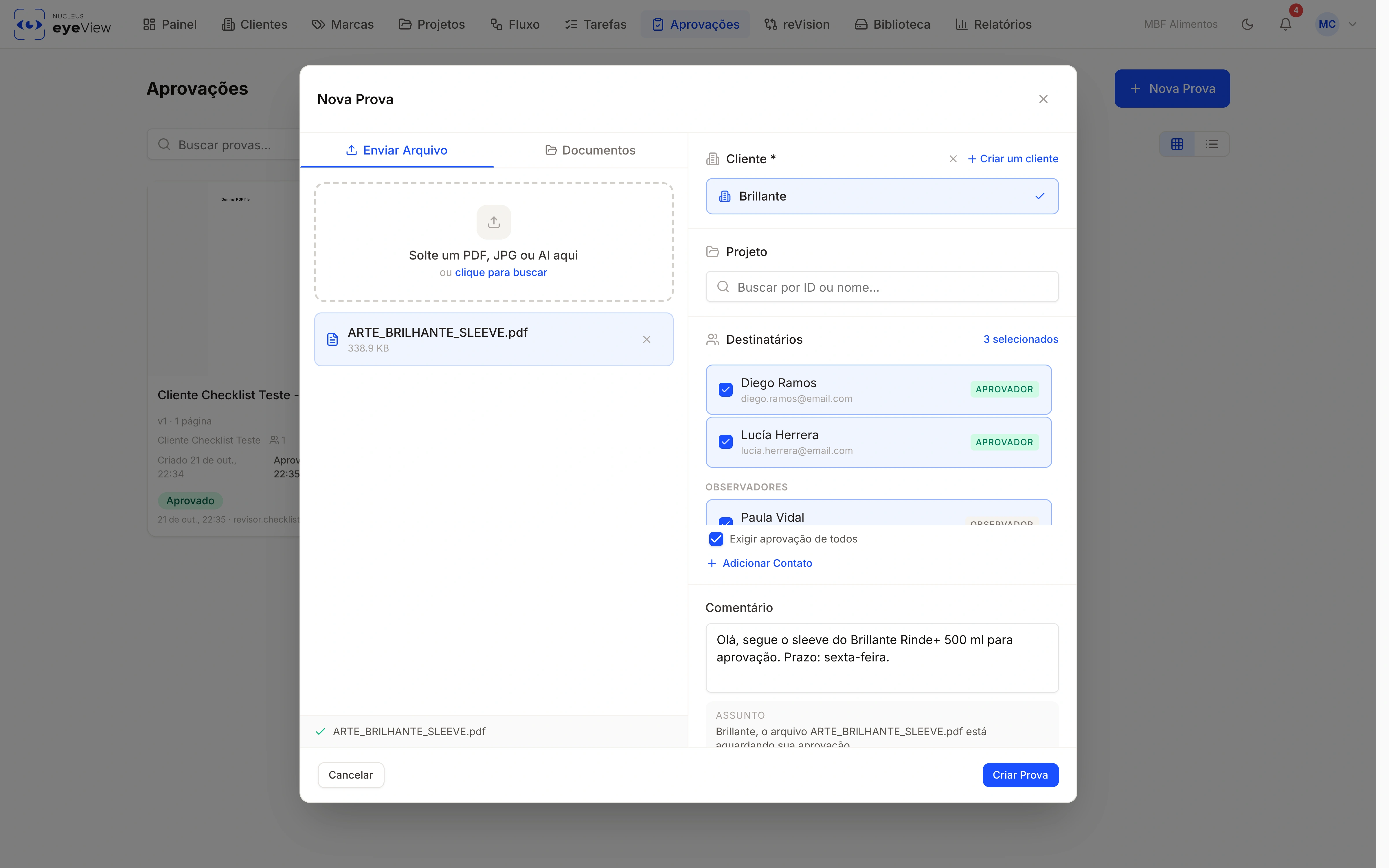 File, client and recipients — approvers and observers — with the option to require everyone's approval.